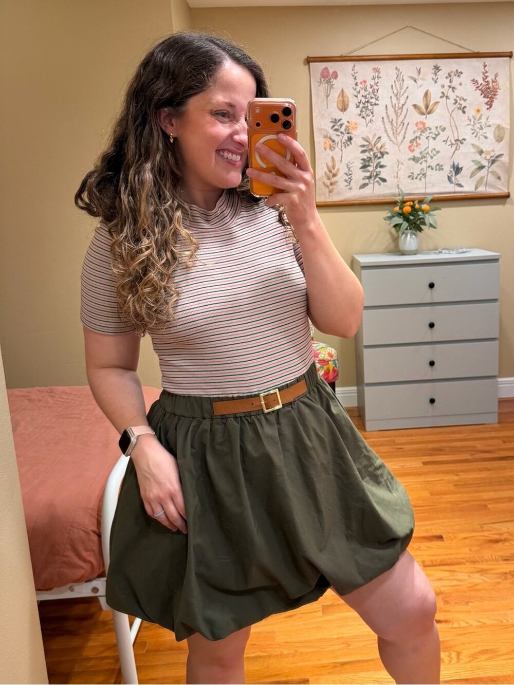 Anthropologie Maeve Olive Green Bubble Mixed Media Mini Dress Belted Medium